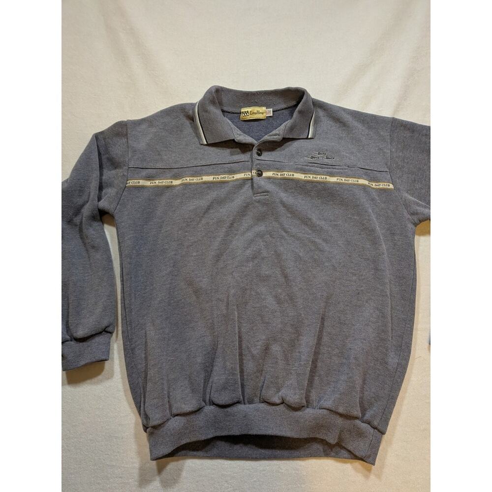 Ling Hong‎ Gray Long Sleeve Polo Sweatshirt Fun Day Club Embroidered Mens XL